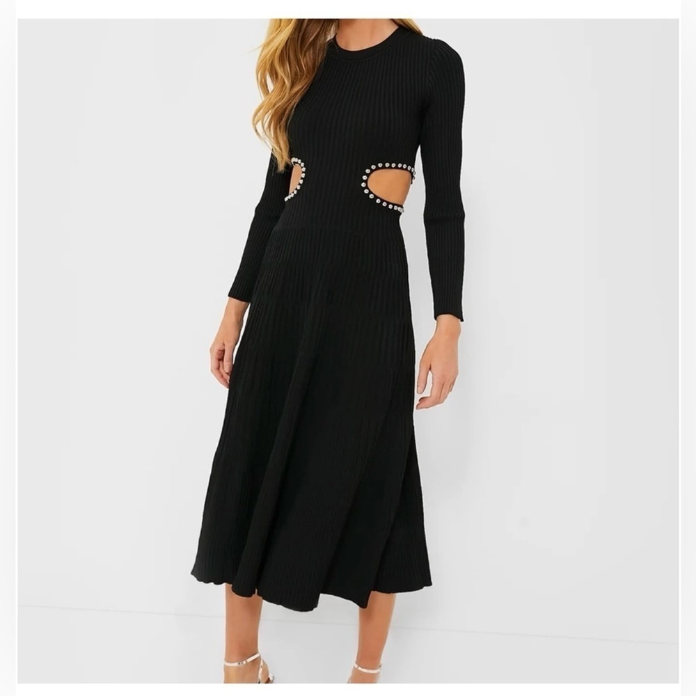 NWT Moon River Cutout Ribbed Black Long Sleeve Midi Dress Size L